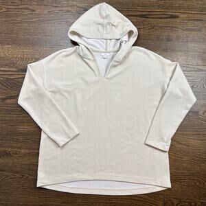 J Jill Shirt Womens Medium Beige Ribbed Pullover Hoodie V Neck Long Sleeve Top